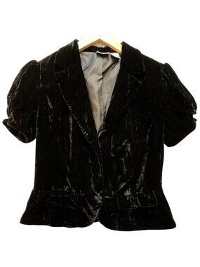 Newport News Women's Velvet Blazer Short Sleeve Peplum Hem Size 4 Black Solid